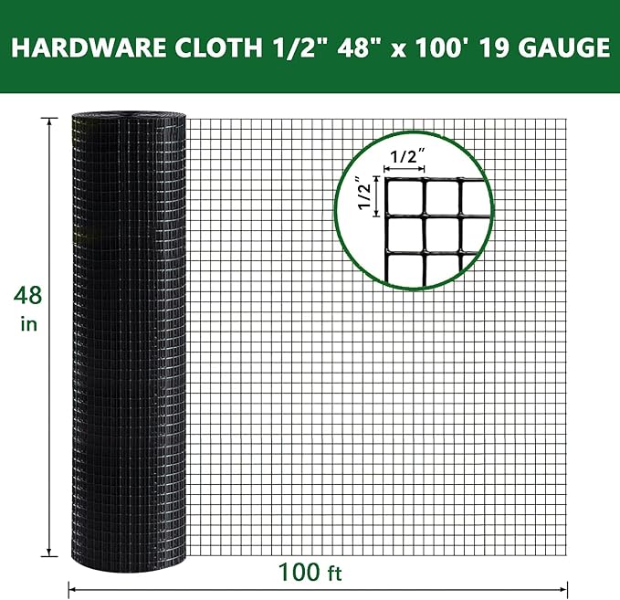 Hardware Cloth, 48'' x 100' 1/2Inch Galvanized Wire Mesh Roll, 19 Gauge Chicken Wire Fencing Roll, Garden Fence, Welded Fence with Cutting Plier & Gloves