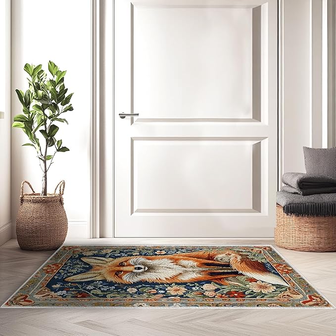 2x3 Fox Area Rugs Boho Floral Flower Rug for Bathroom Kitchen Entryway Indoor Soft Non-Slip Thin Hippie Carpet Small Doormat for Office Dining Room Under Table Washable Machine