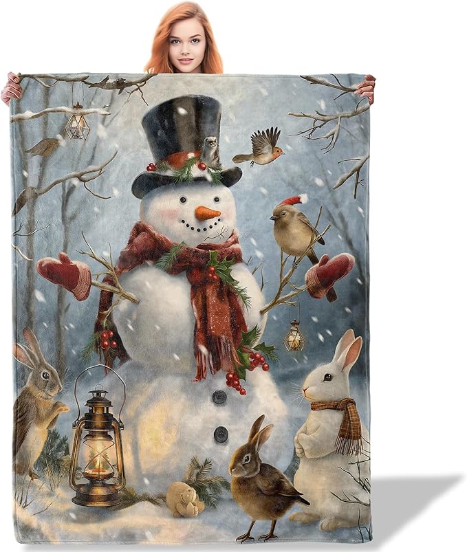 Snowman and Woodland Animals Throw Blanket 60"x80", Winter Scene Blankets for Living Room Bedroom Decor, Soft Flannel Polyester Warm Cozy for Kids Adults