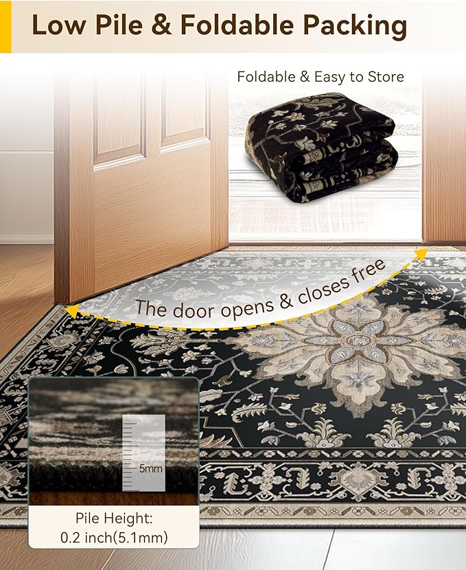 Area Rugs 2'6''x8' Washable Non-Slip, Floral Vintage Distress Print Pattern Medallion Carpet for Living Room Bedroom Dining Room, Black Brown Neutral Dark Tan