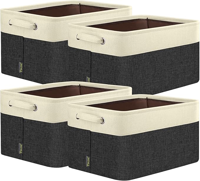 BALEINE 4 Pack Fabric Storage Bins for Shelves, Linen Storage Baskets for Organizing, Decorative Closet Bins for Clothes, Home (Black, 14''x10''x8.5'')