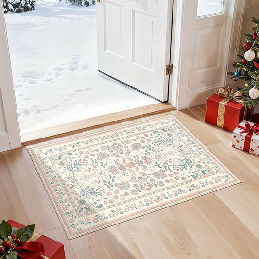 Door Mat Entrance Rug: 2x3 Washable Area Rug Boho Floral Small Rug - Non-Slip Low Pile Throw Indoor Carpet for Entryway Kitchen Front Door Bathroom Entry Kids Room - Pink