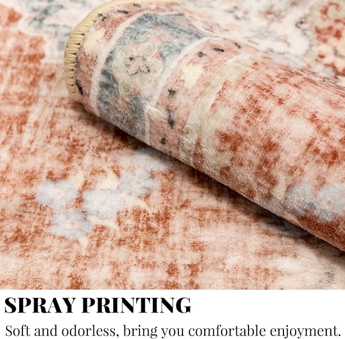 MUJOO Boho Rug 4'x6.5' Area Rugs for Bedroom Living Room Dining Room Small Rugs Machine Washable Carpet for Office Dorm Bedside Kitchen Laundry Room Accent Soft Low-Pile Floral Orange