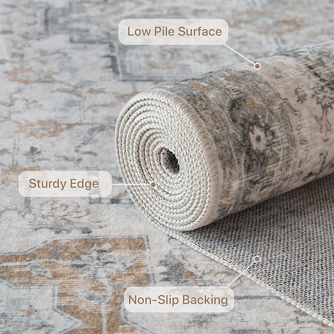 GENIMO 2'6''x18 Runner Rugs for Hallway, Machine Washable Non Slip Vintage Rugs, Low Pile Soft Chenille Print Rug for enrtyway, Corridor, Home Office,Light Taupe Brown