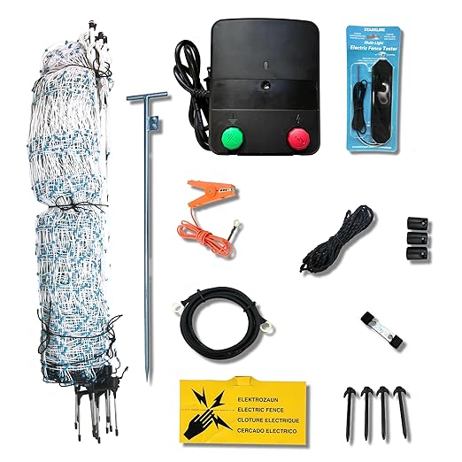 Starkline Electric Poultry Netting Kit w/AC Energizer - 48"x82' White/Blue Poultry Netting - (12/48/3) All-in-One Electric Fence Kit for Backyards, Homesteads, Ranches or Farms