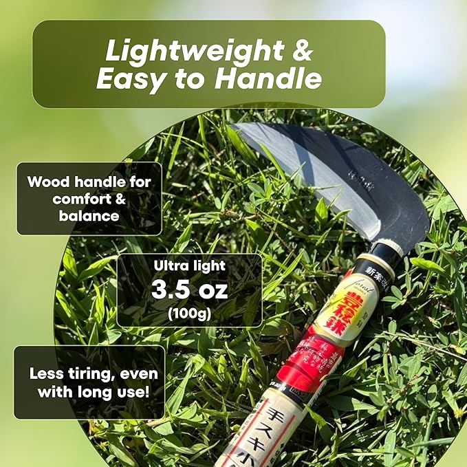 Hounen Miyawaki Japanese Weeding Sickle (Kama) – Curved Plain-Edge, Non-Twisted, Rust-Resistant Japanese Steel, Lightweight Wood Handle, Made in Japan