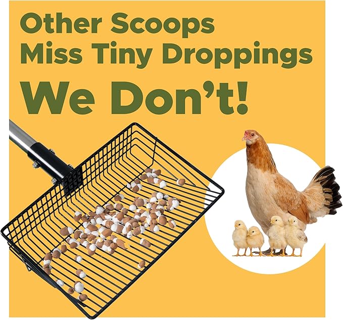 Chicken Poop Scooper for Sand, ¼" Slotted Fine Sifter & Durable Chicken Litter Scoop, Sifting Shovel, Coop Pooper Scooper, Metal Sand Sifter Shovel for Poultry Litter, 2-in-1 Poop Scoop and Rake Tool