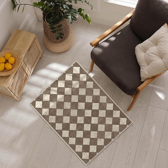 2x3 Checkered Modern Small Carpet Washable Brown Area Rugs Doormat for Entryway Bathroom Living Room Bedroom Washing Room Non Slip