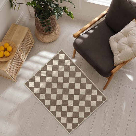 2x3 Checkered Modern Small Carpet Washable Brown Area Rugs Doormat for Entryway Bathroom Living Room Bedroom Washing Room Non Slip