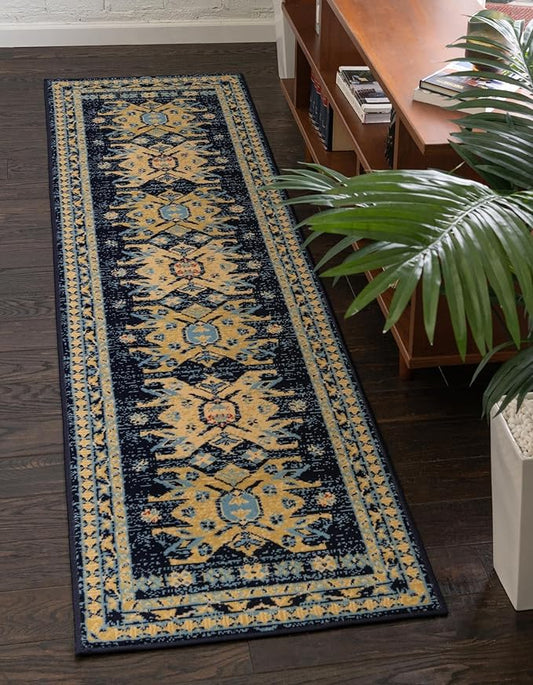 Unique Loom Taftan Collection Border Geometric Tribal Inspired Design Area Rug (3' 0 x 16' 5 Runner, Navy Blue/ Gold)