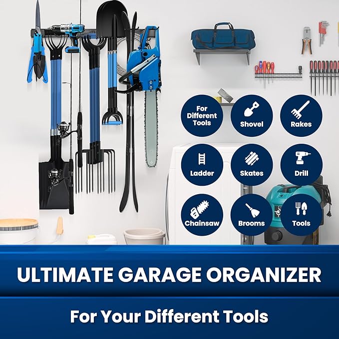 96'' All-Metal Garage Tool Organizer Wall Mount – Heavy-Duty Tool Rack Holds 960 lbs, Adjustable Hooks for Garage, Yard, and Garden Equipment