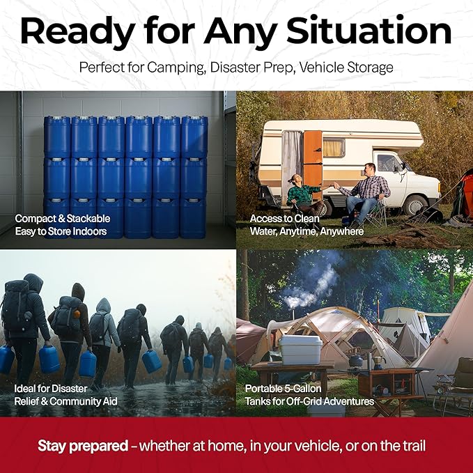 5 Gallon Water Jug - Water Container w/Lid + Spigot - Water Storage Container, Emergency Water Container, Survival Storage Tank - Stackable (5 Gallons (1 Tank)