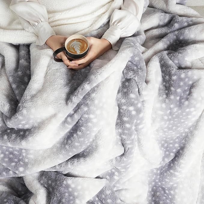 Cozy Bliss Luxury Faux Fur Throw Blanket Deer Print, Non Shedding Reversible Sherpa Blankets Super Soft Fuzzy Thick Warm Throws Home Decor for Christmas Couch Bed Sofa Women (Grey, 60x80 Inches)