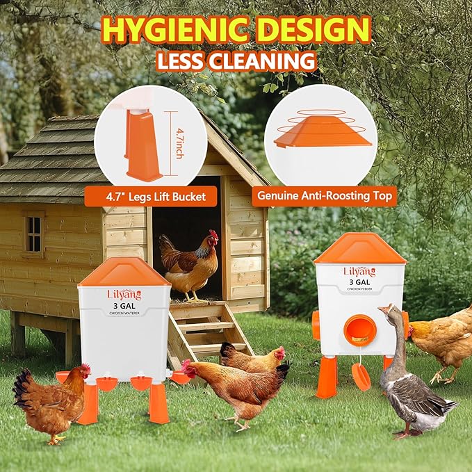 Lilyang XL Chicken Feeder and Waterer Set 3 Gallon, Automatic No-Waste Feeder, Large Poultry Waterer with 2.75'' Cups, Standing or Hanging Use, Feed Chickens & Ducks
