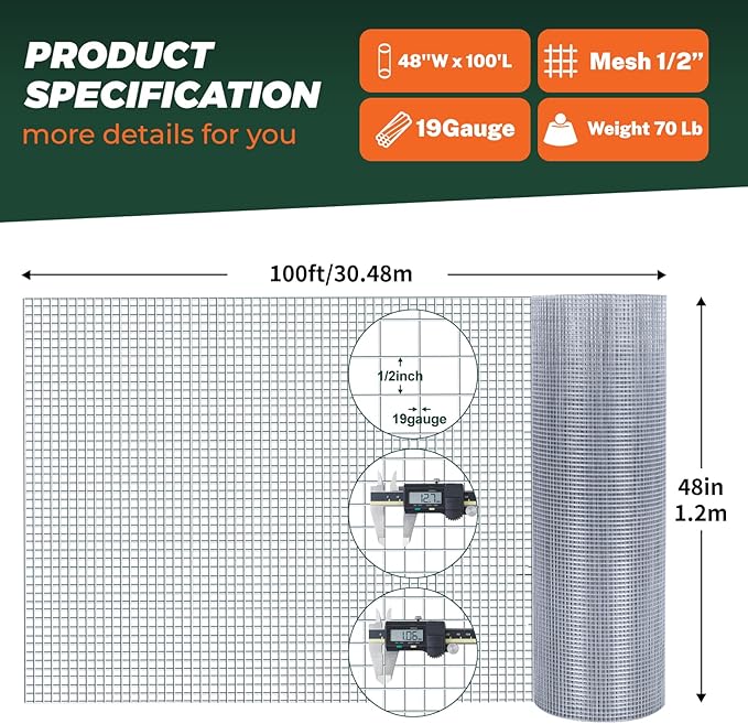 1/2'' 48'' X 100' Hardware Cloth, Chicken Wire Fencing Double Layer Hot Dip Galvanized, Wire Mesh Fence Chicken Rabbit Snake Cage Wire Fence Mesh Roll, for Chicken Coops, Fencing, Garden Protection