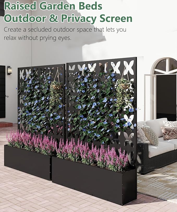 Metal Planter Box with Trellis,70.9"x47.2"x15.7" Raised Garden Bed with Drainage Holes, Privacy Planters for Outdoor Garden Bed for Climbing Plants,Vegetables,and Vines, Black-X