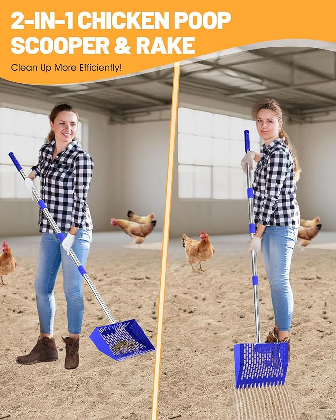 Chicken Poop Scooper and Rake – 2-in-1 Metal Litter Sifter for Chicken Coops, Sand, and Runs with 22–62" Adjustable Handle, Heavy-Duty Cleaning Tool for Chicken and Duck Pen