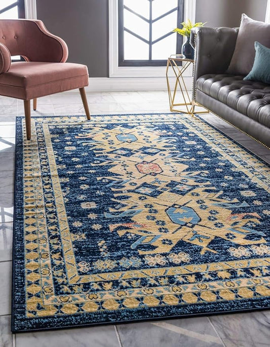 Unique Loom Taftan Collection Border Geometric Tribal Inspired Design Area Rug (4' 0 x 6' 0 Rectangular, Navy Blue/ Gold)