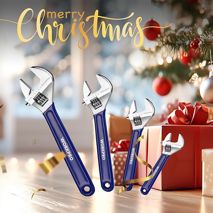 WORKPRO Adjustable Wrench Set, 6-inch, 8-inch, 10-inch, 12-inch Wide Jaw Wrenches with SAE and Metric Scales, Rubber Grip, Heat-Treated Steel for Home Repairs, Plumbing, and Garage Work