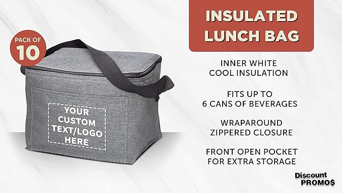 Custom Insulated Cooler Lunch Bag Set of 10, Personalized Bulk Pack - Perfect for Work, Travel, Outdoor Events - Grey