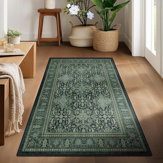 Entryway Rug 3x5 Dark Green, Vintage Boho Floral Moroccan Pattern Printed Throw Rugs for Bedroom Bedside, Low Pile Thin Non Slip Washable Area Rug for Kitchen Foyer Mudroom Dorm