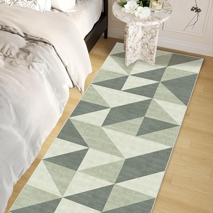 Green Washable Runner for Hallway Bedroom 2x6 Modern Abstract Geometric Non Slip Rug Low Pile Indoor Floor