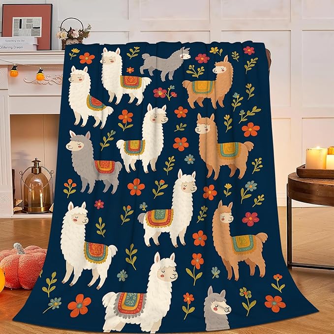 Llama Blanket, Alpaca Throw Blanket, Flower Gifts Blankets Stuff Fleece Flannel Plush for Girls Women Men Boys Lovers Adults Soft Bedding Gift for Sofa Bed Office Home Decor 60"x50"