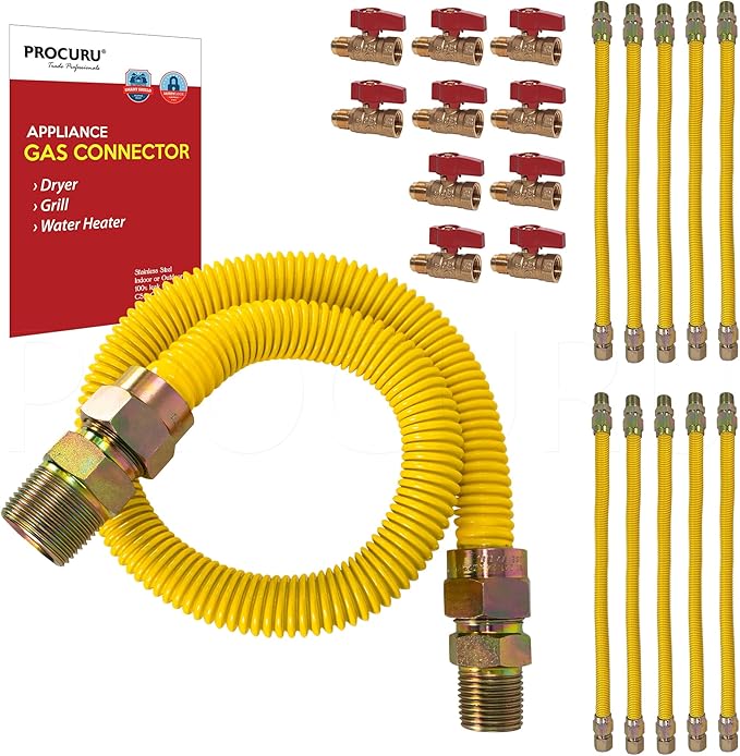 [10-Pack] PROCURU Wholesale 1/2" OD x 30" (2.5Ft) x 1/2"MIP x 1/2" Straight Valve Flexible Gas Connector, Yellow-Coated Stainless Steel Tubing for Dryer, Grill, Water Heater (Red-6G1230-SV-10P)