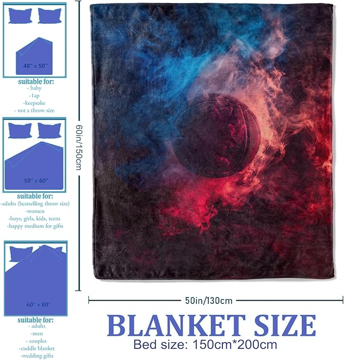 Fiery Basketball Throw Blanket 60"x80", Sports-Themed Blankets for Game Room Bedroom Decor, Soft Flannel Polyester Warm Cozy Gifts for Kids Adults