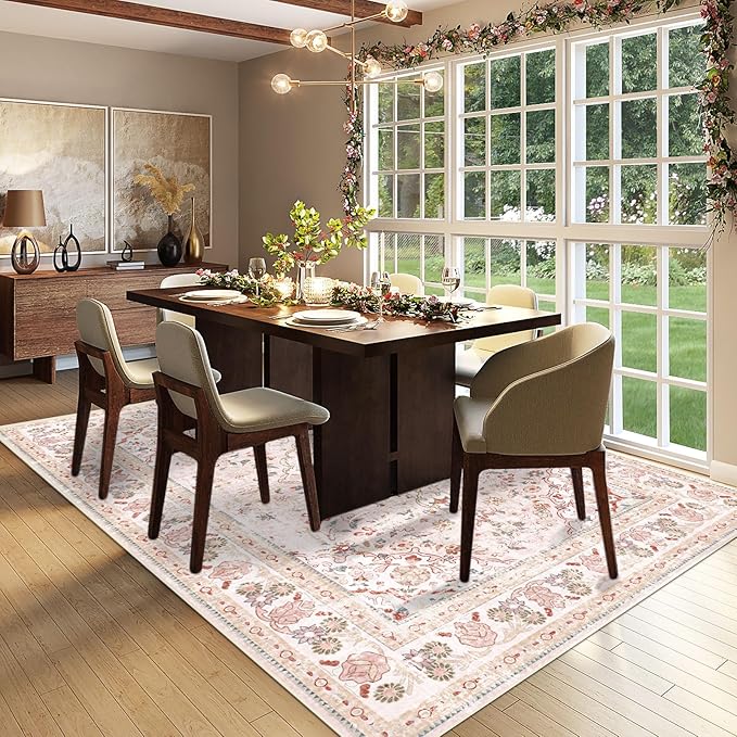 Vhong Pink Area Rugs Washable Boho Vintage Modern Neutral Large Carpet 5×7 High Traffic Rugs for Dinning Room Living Room Bedroom Girls' Room Nursery Room Non Slip