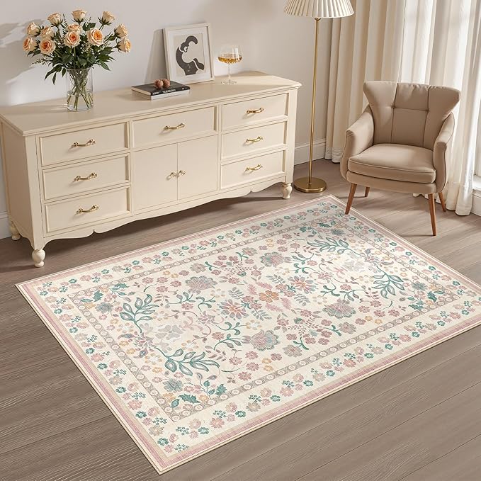3x5 Area Rug Living Room Rugs - Washable Boho Vintage Floral Large Soft Non Slip Thin Rug Low Pile Carpet for Bedroom Dining Room Kids Playroom Office Decor Indoor- Pink
