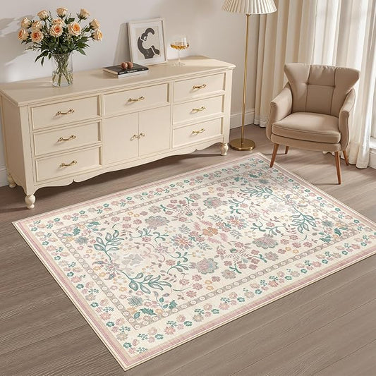 3x5 Area Rug Living Room Rugs - Washable Boho Vintage Floral Large Soft Non Slip Thin Rug Low Pile Carpet for Bedroom Dining Room Kids Playroom Office Decor Indoor- Pink