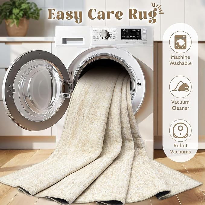 Washable Area Rug 2x3: Moroccan Entryway Rug Geometric Farmhouse Boho Throw Rug Non Slip Low Pile Soft Indoor Doormat for Entrance Bedroom Kitchen Hallway (Beige,2x3)