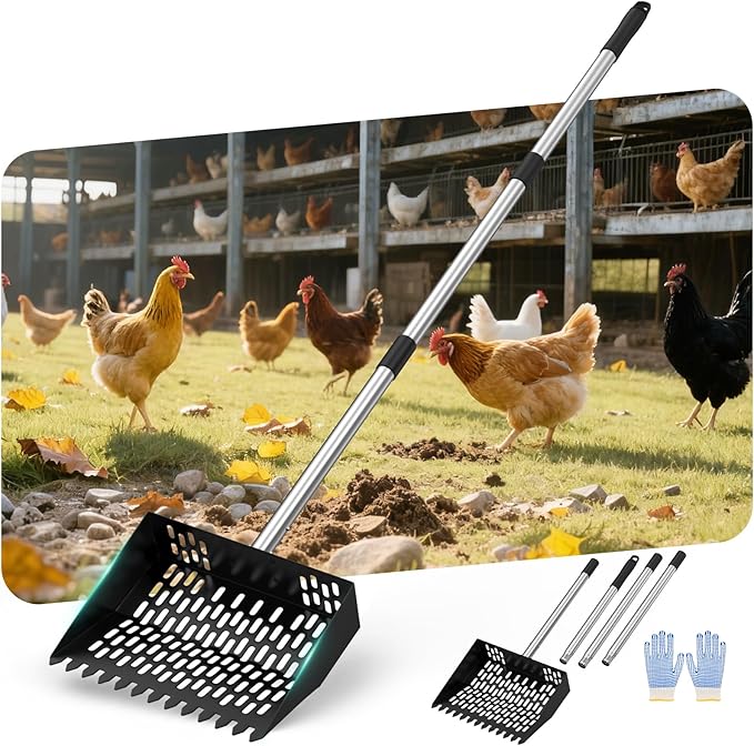 Chicken Poop Scooper for Sand,Coop Scoop 3 IN 1 Rake Function【Fine Sieve Holes】【Adjustable Stainless handle 24 to 68"】Metal Cat Litter Scoop, No Hole Shovel Side Scooper Chicken Poop Scooper for Sand