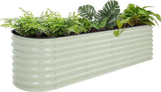 MUPATER Galvanized Raised Garden Bed 8x2x2ft, 9-in-1 Metal Raised Planter Box with 2 Aluminum Support Rods, Oval Outdoor Raised Garden Bed for Vegetable, Flower, Backyard and Patio, Cream White