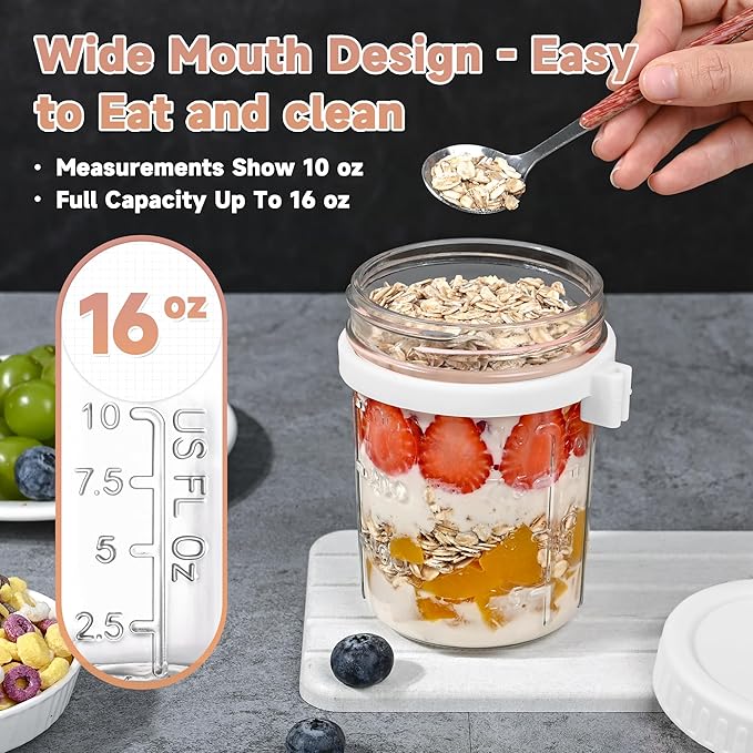 6 Pack Overnight Oats Containers with Lids and Spoons,16oz Mason Overnight Oats Jars for Yogurt,Grains,Fruits,Vegetables,Salads