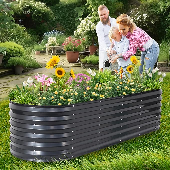 1MORE Galvanized Raised Garden Bed- Planter Garden Boxes Outdoor, Raised Beds for Gardening, 6x2x1.4ft Metal Garden Bed Kit for Vegetables Flower, Planter Raised Bed with Protective Tape.Grey-2pcs