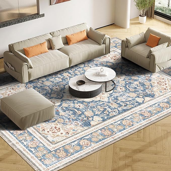 Vhong Washable Area Rugs Boho Vintage Modern Neutral Large Carpet Blue High Traffic Rugs 9×12 for Dinning Room Living Room Bedroom Farmhouse Non Slip