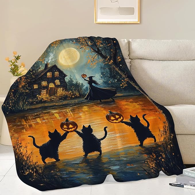 Halloween Cat Blanket, Pumpkin Black Cat Fleece Flannel Throw Blanket, Witch Soft Lightweight Stuff Throws Gifts for Women Men Boys Girls Lovers Adults Lovers Sofa Decor 60"x50"