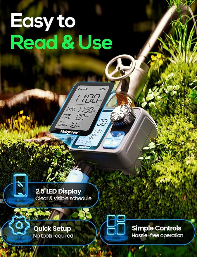 Sprinkler Irrigation Timer with Brass Inlet, Programmable Water Timer for Garden Hose, Automatic Watering System for Yard Lawn, Rain Delay