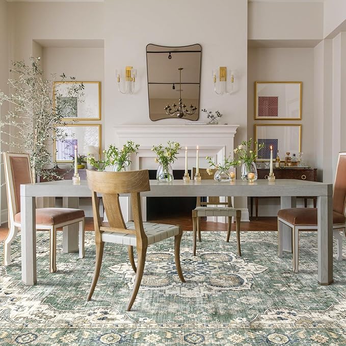 Area Rugs 9x12 Living Room - Large Washable Sage Green Boho Rugs for Bedroom Soft Vintage Rug Ultra-Thin Farmhouse Oriental Medallion Carpet Non Slip Rug for Dining Room Guest Room Home Decor