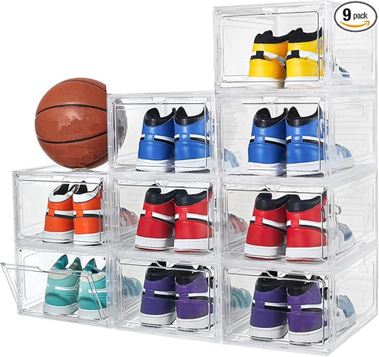 Attelite X-Large Clear Plastic Shoe Boxes - Stackable Shoe Organizer with Magnetic Door (9 Pack, Clear White)