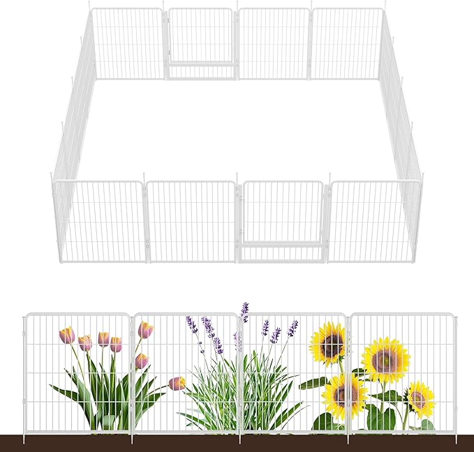 SunsGrove Garden Fence with Gate, 32 in(H) x 35.7 ft(L) 16 Panels Heavy Duty Metal Animal Barrier Fence for Yard, Suitable for Indoor or Outdoor Dog Pet Fence, Garden Fence Border, White