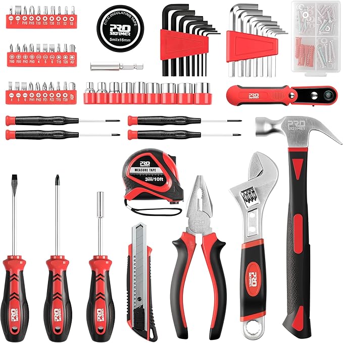 Prostormer 160-Piece Home Repair Tool Set, General Household Hand Tool Kit with Toolbox Storage Case for House, Garage, College Dorm and Office (Red)