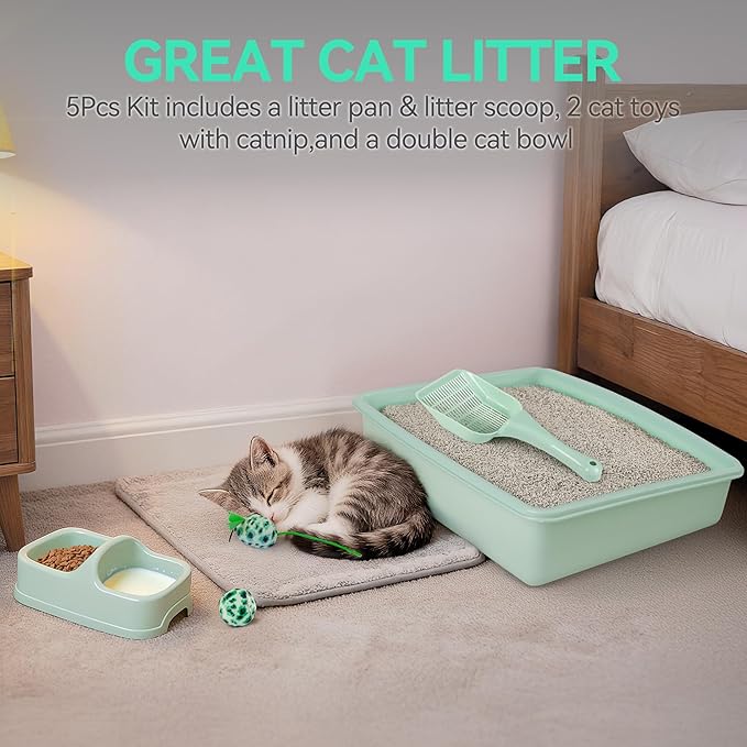 Pawise Cat Starter Kit Includes 4PCS Kitty Supplies, Great for Small Kitties, 14.5x10.5 Inch (Green)