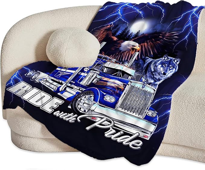 Semi Truck Blanket Decor Gifts for Trucker, Truck Flannel Fleece Fuzzy Lorry Throw Blankets, Soft Warm Cozy Plush Eagle Wolf Stuff Blanket for Kids Adult 50"x40"