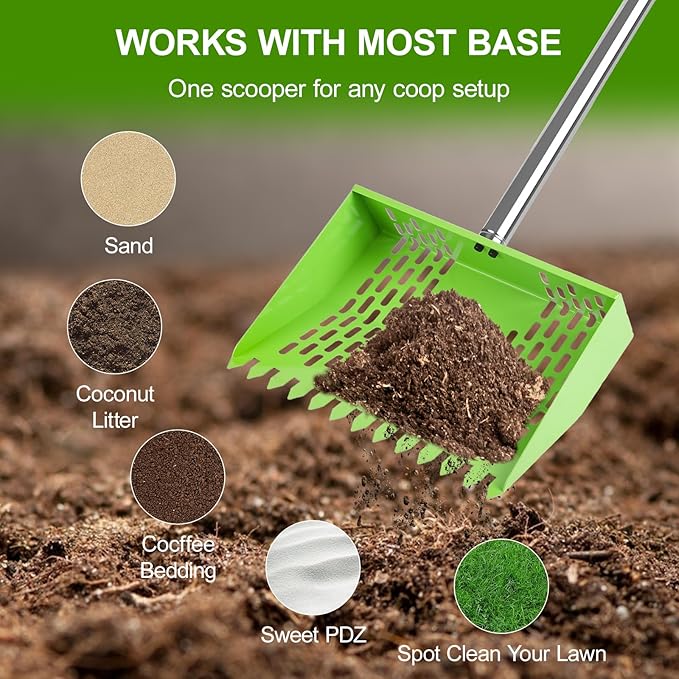 Poultry Waste Cleanup Tool, 2-in-1 Poop Scooper & Rake, 10-Inch Wide Sifting Shovel with Adjustable Stainless Steel Handle & Comfort Grip, for Chicken Coops, Barns, Pet Kennels & Sand (Green)