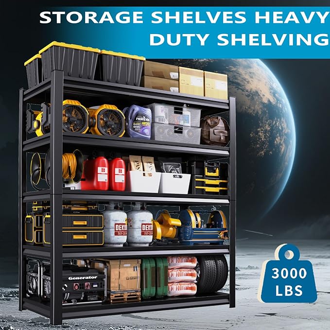 72''H Garage Shelving Heavy Duty 5-Tier Adjustable Storage Shelves Unit,3000 LBS Metal Utility Rack Shelf for Industries, Warehouses, Basement,Black (72''H x 36''W x 16''D)
