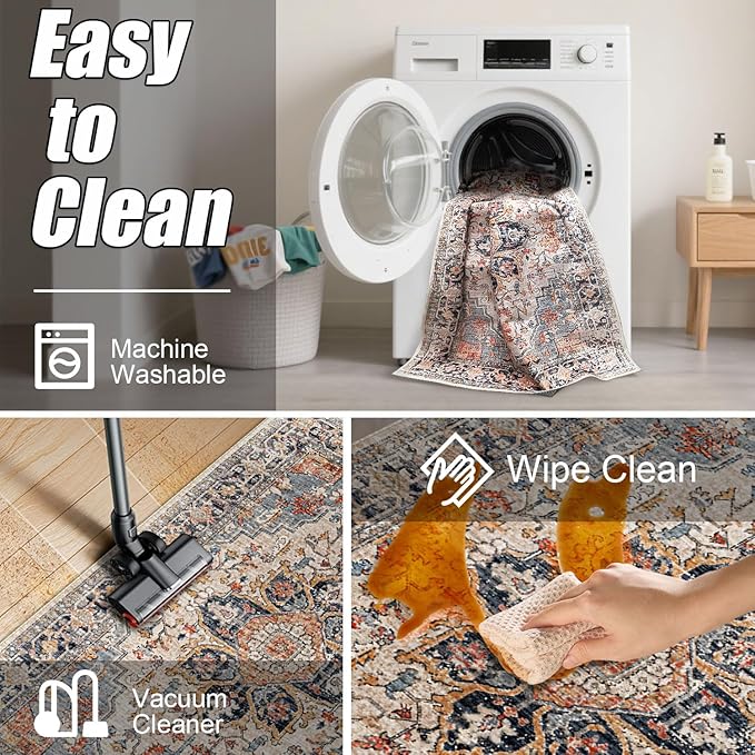 Area Rugs Washable Non-Slip, Floral Vintage Distress Print Pattern Medallion Carpet for Living Room Bedroom Dining Room, Beige Navy Blue Orange Colorful (Blue, 5' x 7')