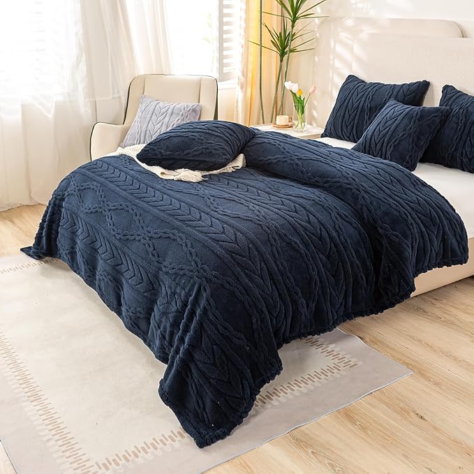 YUSOKI Sherpa Queen Size Blanket(Without Pillows)-3D Stylish Design Super Soft Blankets for Teen Girls Women Couch Bed Sofa Chair Men Boys Gift(Navy,90"x90")